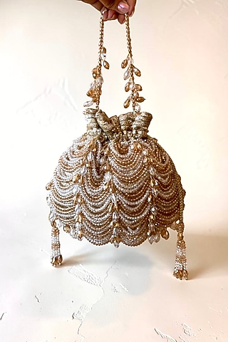 Gold Fabric Glass Beads Embroidered Potli by BHAVNA KUMAR