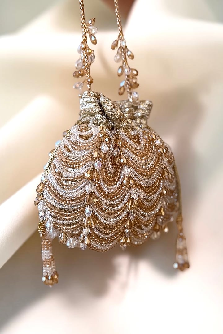 Gold Fabric Glass Beads Embroidered Potli by BHAVNA KUMAR at Pernia's Pop Up Shop
