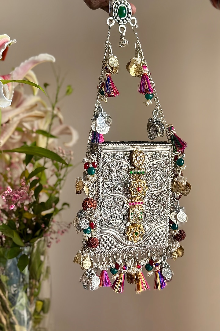 Silver & Gold Kundan Work Mobile Bag by BHAVNA KUMAR at Pernia's Pop Up Shop