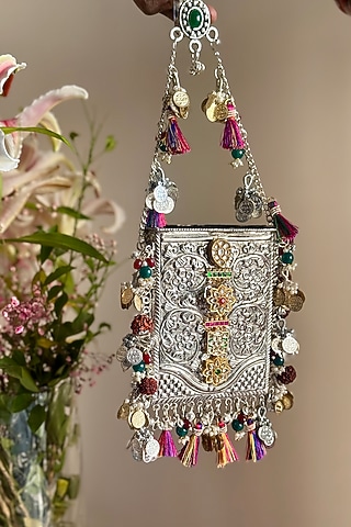 Silver & Gold Kundan Work Mobile Bag by BHAVNA KUMAR