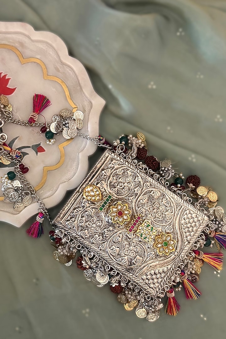 Silver & Gold Kundan Work Mobile Bag by BHAVNA KUMAR at Pernia's Pop Up Shop