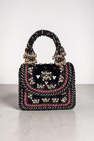 Black Velvet Hand Embroidered Mini Bag by BHAVNA KUMAR