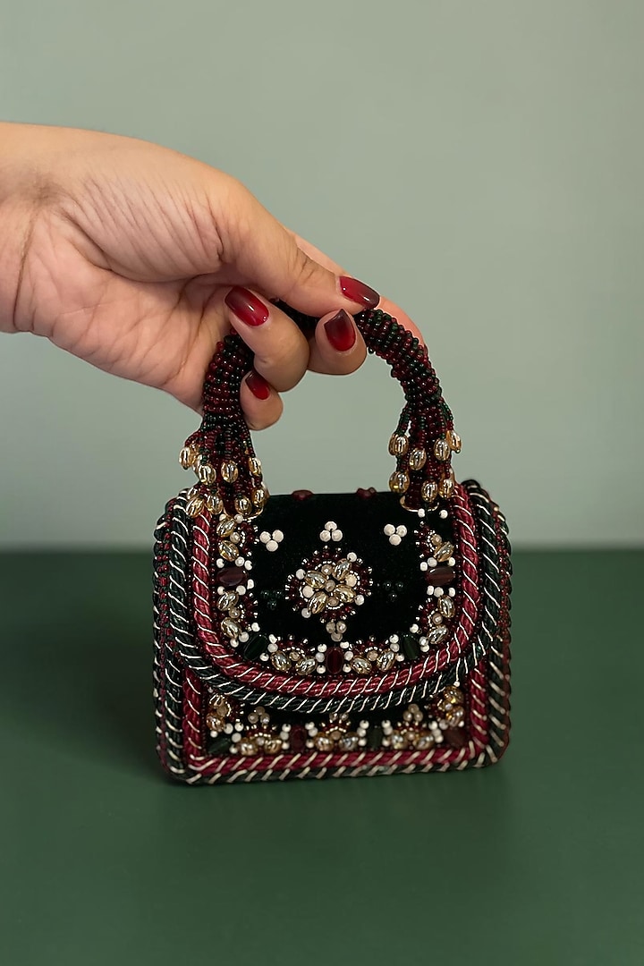 Green Velvet Hand Embroidered Mini Bag by BHAVNA KUMAR at Pernia's Pop Up Shop