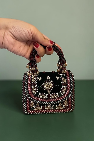 Green Velvet Hand Embroidered Mini Bag by BHAVNA KUMAR