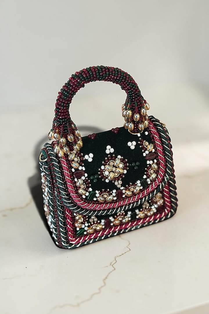 Green Velvet Hand Embroidered Mini Bag by BHAVNA KUMAR at Pernia's Pop Up Shop