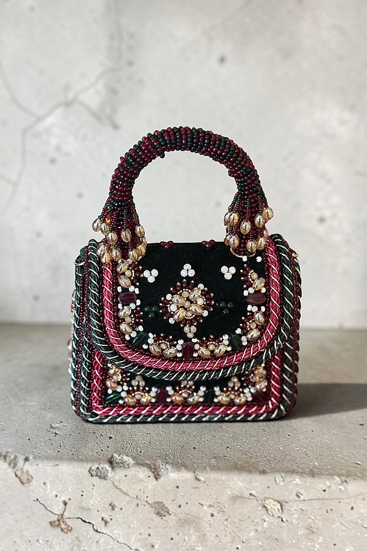 Green Velvet Hand Embroidered Mini Bag by BHAVNA KUMAR at Pernia's Pop Up Shop