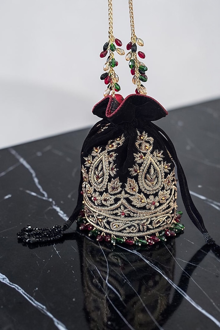 Black Velvet Zardosi Hand Embroidered Potli by BHAVNA KUMAR at Pernia's Pop Up Shop