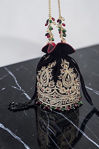 Black Velvet Zardosi Hand Embroidered Potli by BHAVNA KUMAR