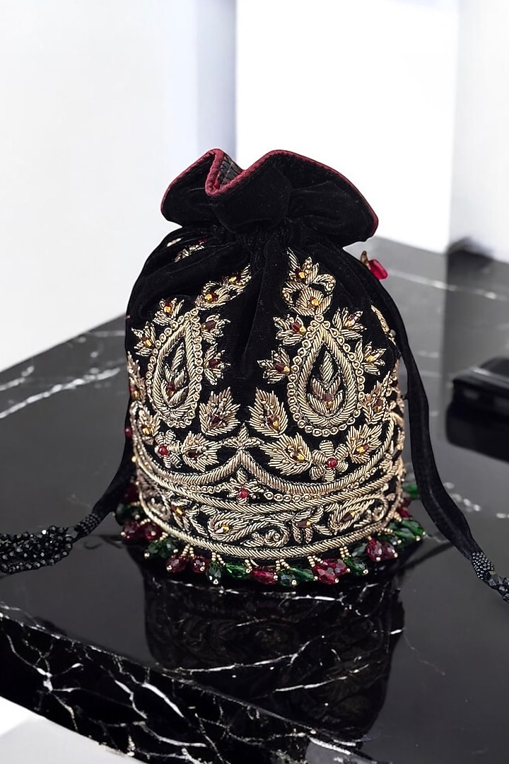 Black Velvet Zardosi Hand Embroidered Potli by BHAVNA KUMAR at Pernia's Pop Up Shop