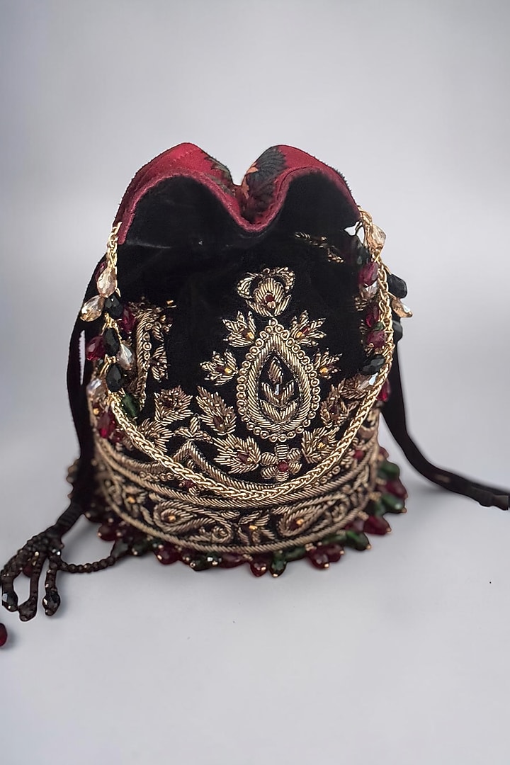 Black Velvet Zardosi Hand Embroidered Potli by BHAVNA KUMAR at Pernia's Pop Up Shop