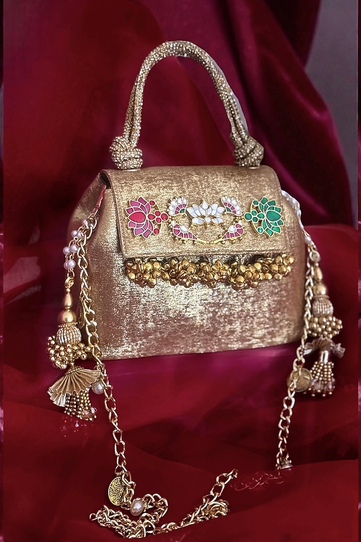 Gold Silk Kundan Embellished Tote Bag by BHAVNA KUMAR at Pernia's Pop Up Shop