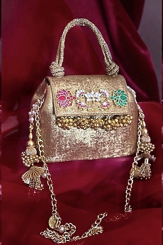 Gold Silk Kundan Embellished Tote Bag by BHAVNA KUMAR