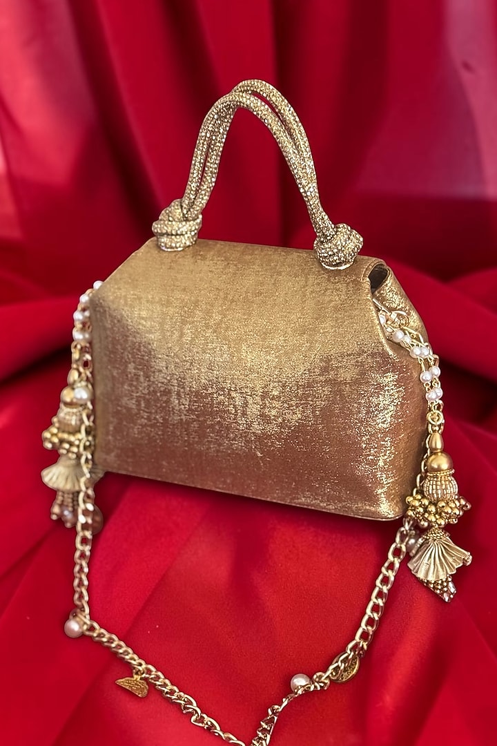 Gold Silk Kundan Embellished Tote Bag by BHAVNA KUMAR at Pernia's Pop Up Shop