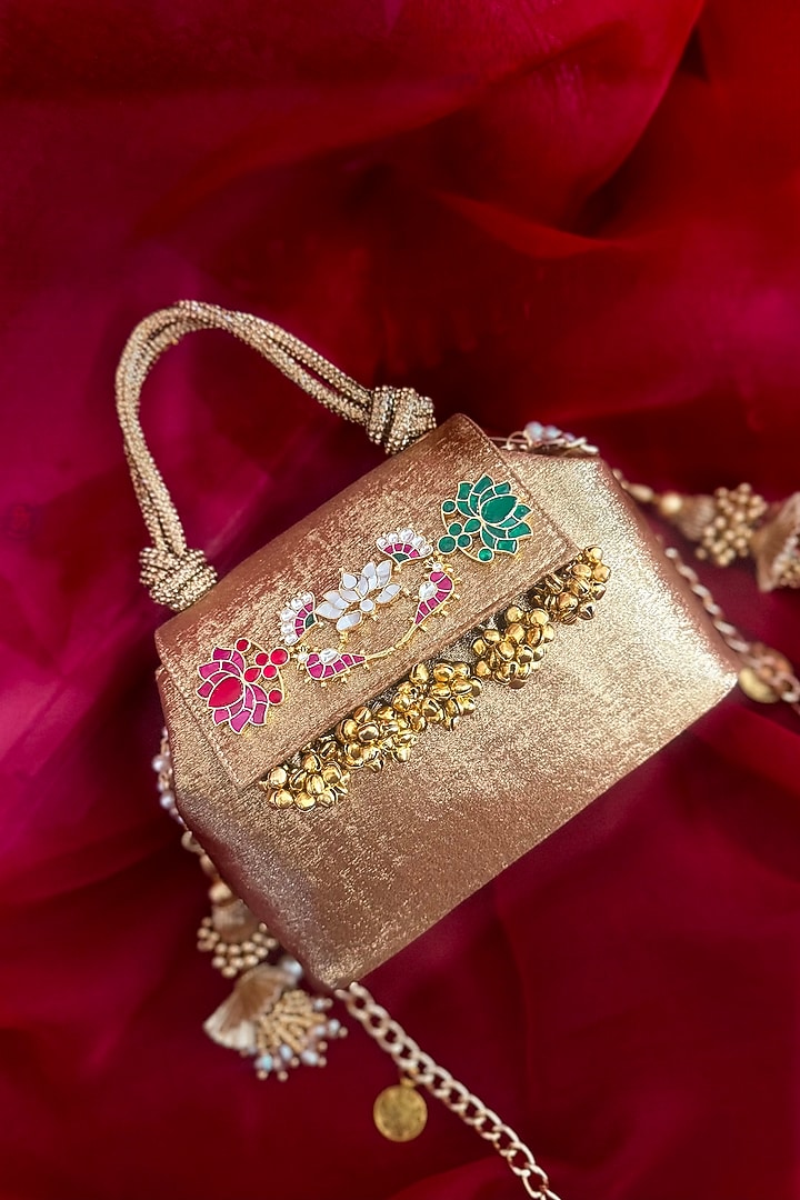 Gold Silk Kundan Embellished Tote Bag by BHAVNA KUMAR at Pernia's Pop Up Shop