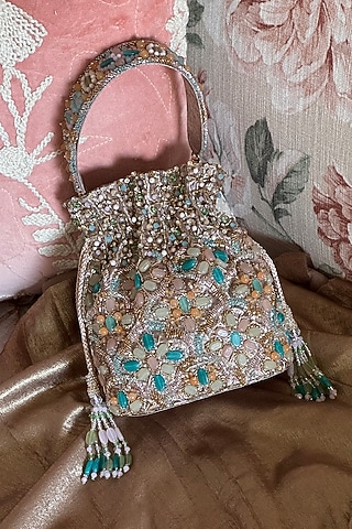 Multi-Colored Faux Silk Hand Embroidered Potli by BHAVNA KUMAR