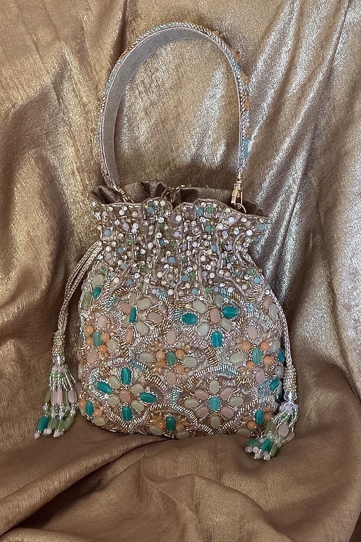 Multi-Colored Faux Silk Hand Embroidered Potli by BHAVNA KUMAR at Pernia's Pop Up Shop