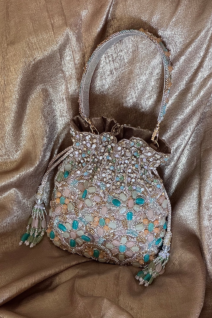 Multi-Colored Faux Silk Hand Embroidered Potli by BHAVNA KUMAR at Pernia's Pop Up Shop