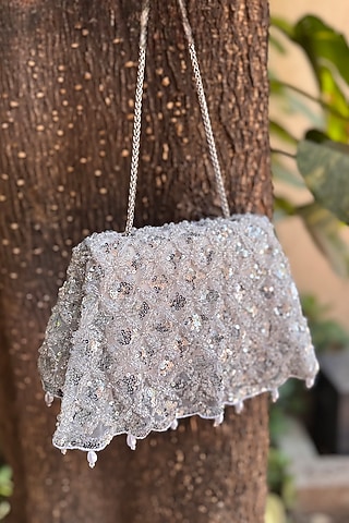 Silver Faux Silk Hand Embroidered Draped-Style Clutch by BHAVNA KUMAR