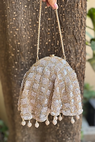 Nude Faux Silk Hand Embroidered Draped-Style Clutch by BHAVNA KUMAR