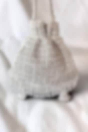 White Faux Silk Hand Embroidered Potli by BHAVNA KUMAR at Pernia's Pop Up Shop