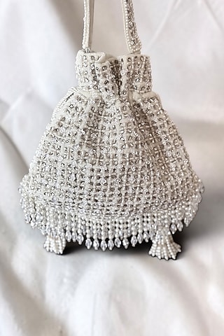 White Faux Silk Hand Embroidered Potli by BHAVNA KUMAR