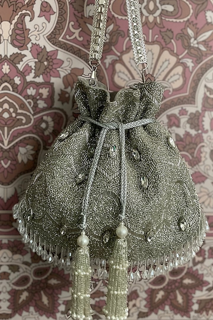 Silver Velvet Hand Embroidered Potli by BHAVNA KUMAR at Pernia's Pop Up Shop