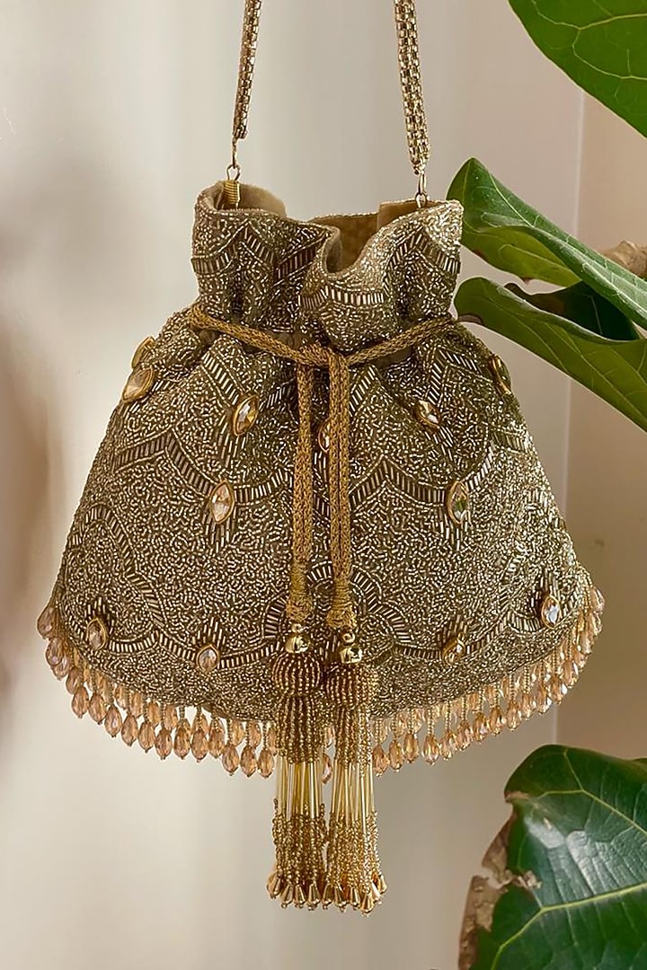Gold Velvet Hand Embroidered Potli by BHAVNA KUMAR at Pernia's Pop Up Shop
