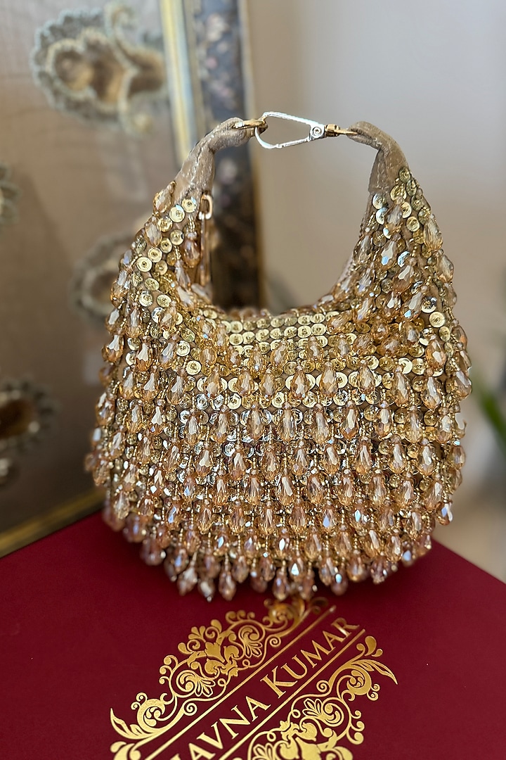 Gold Suedette Bead Embroidered Crescent Clutch by BHAVNA KUMAR at Pernia's Pop Up Shop