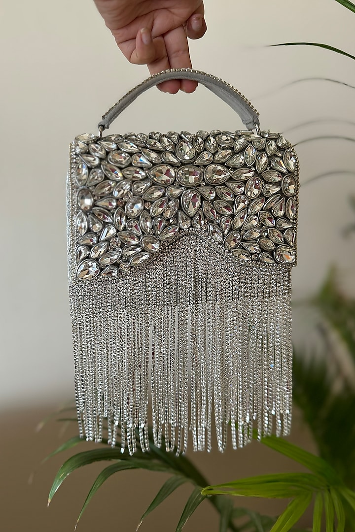 Silver Silk Kundan Work Clutch by BHAVNA KUMAR at Pernia's Pop Up Shop