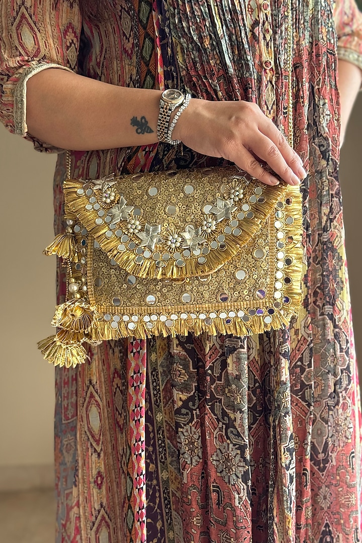 Gold & Silver Silk Sequins Embroidered Enveloped Style Clutch by BHAVNA KUMAR at Pernia's Pop Up Shop