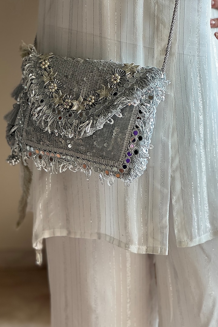 Silver Silk Sequins Embroidered Enveloped Style Clutch by BHAVNA KUMAR at Pernia's Pop Up Shop