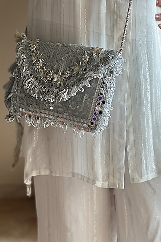 Silver Silk Sequins Embroidered Enveloped Style Clutch by BHAVNA KUMAR