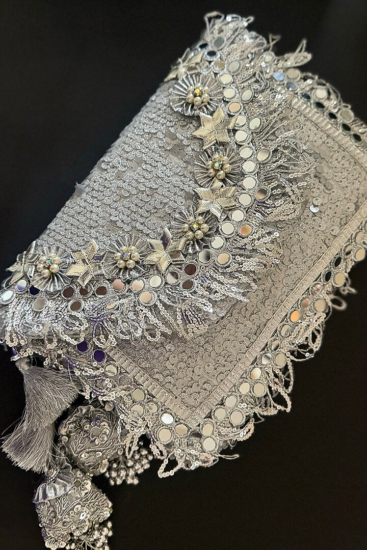 Silver Silk Sequins Embroidered Enveloped Style Clutch by BHAVNA KUMAR at Pernia's Pop Up Shop