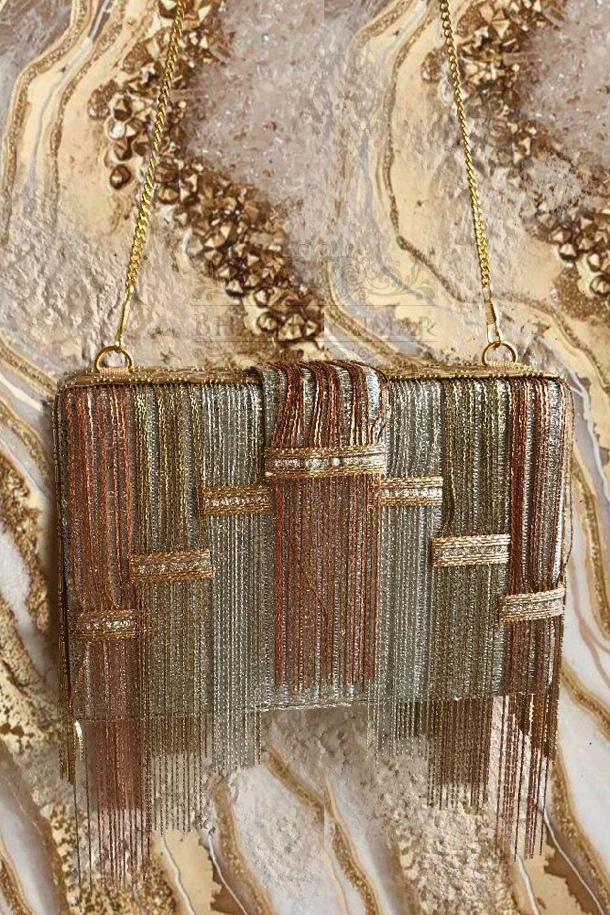 Multi-Colored Silk Fringe Work Box Style Clutch by BHAVNA KUMAR at Pernia's Pop Up Shop