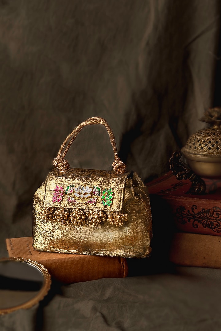 Antique Gold Crushed Fabric Kundan Sling Bag by BHAVNA KUMAR at Pernia's Pop Up Shop
