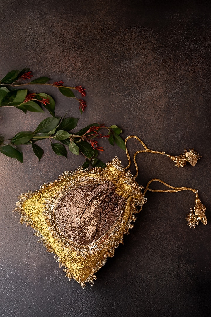 Antique Gold & Copper Gota Fabric Zardosi Potli Bag by BHAVNA KUMAR at Pernia's Pop Up Shop