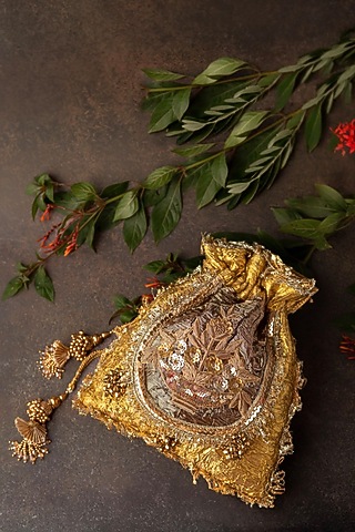 Antique Gold & Copper Gota Fabric Zardosi Potli Bag by BHAVNA KUMAR