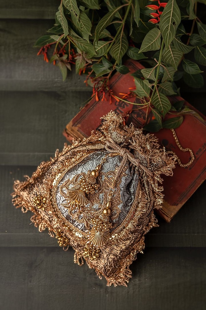 Antique Silver & Copper Gota Fabric Zardosi Potli Bag by BHAVNA KUMAR at Pernia's Pop Up Shop