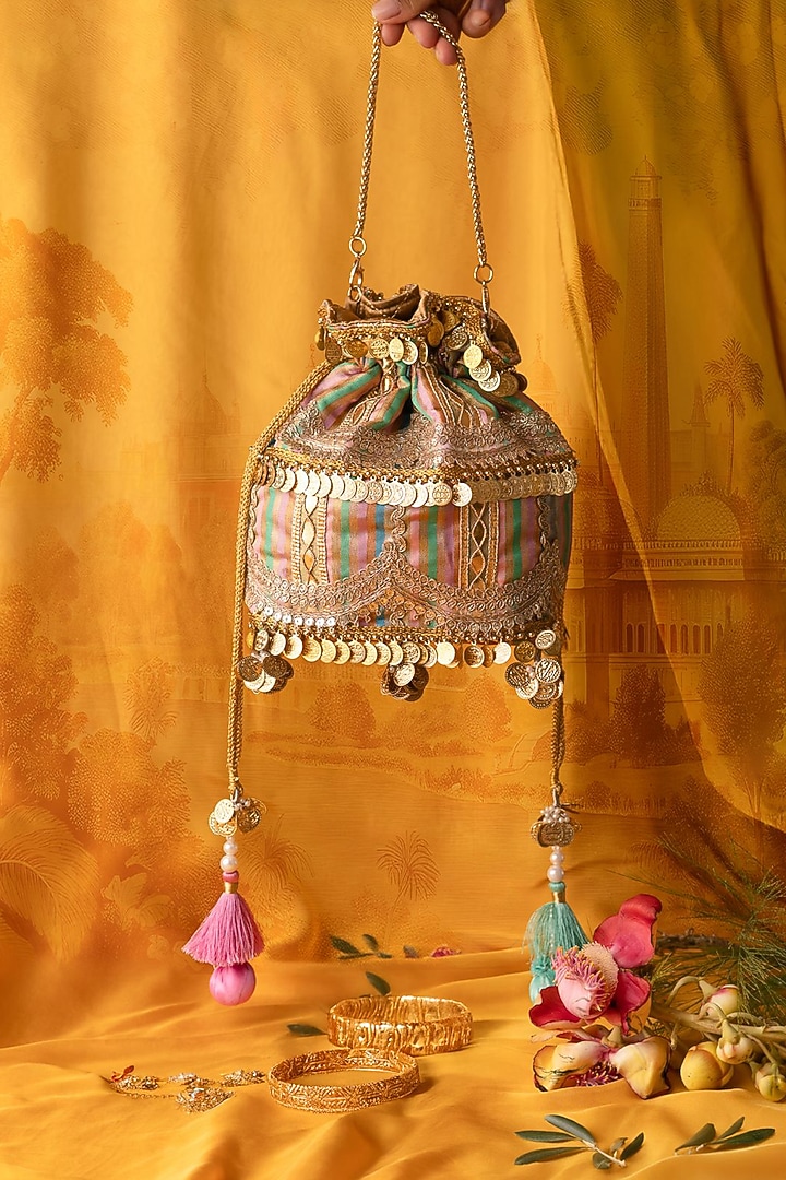Multi-Colored Silk Beads Hangings Potli Bag by BHAVNA KUMAR at Pernia's Pop Up Shop