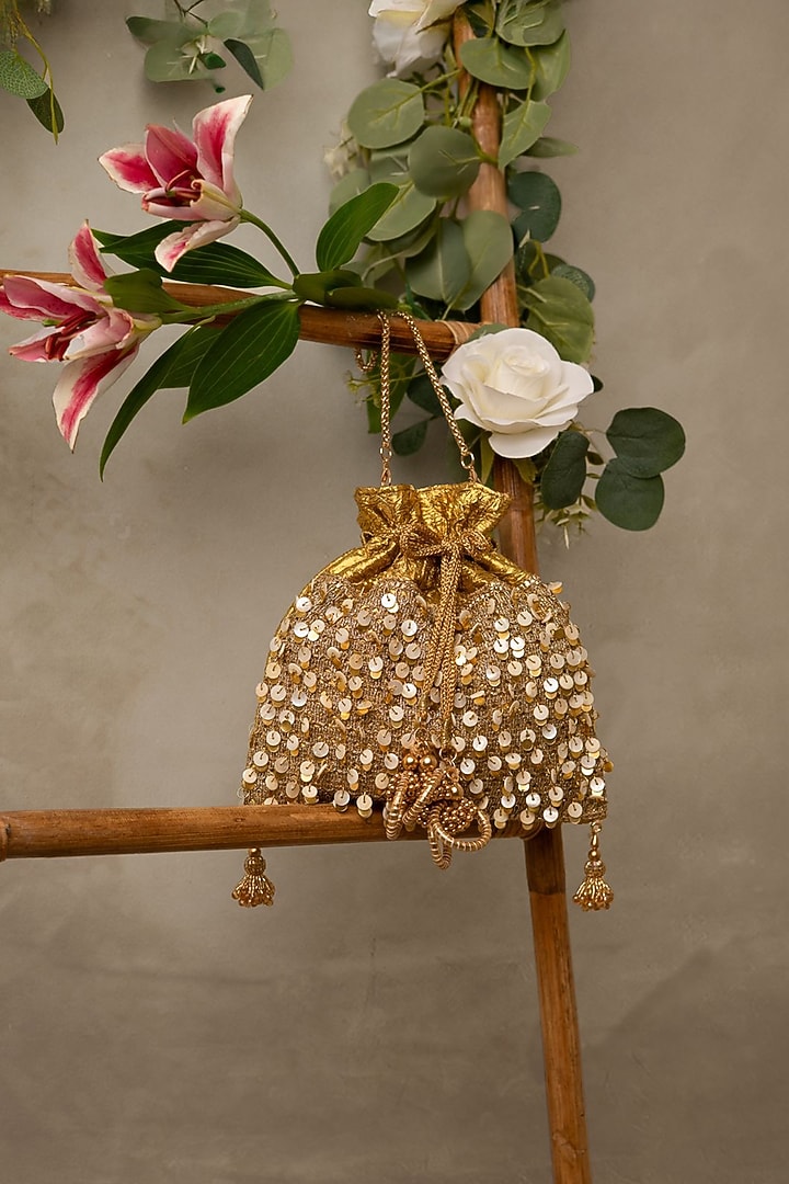 Gold Gota Fabric Mother Of Pearls Potli Bag by BHAVNA KUMAR at Pernia's Pop Up Shop