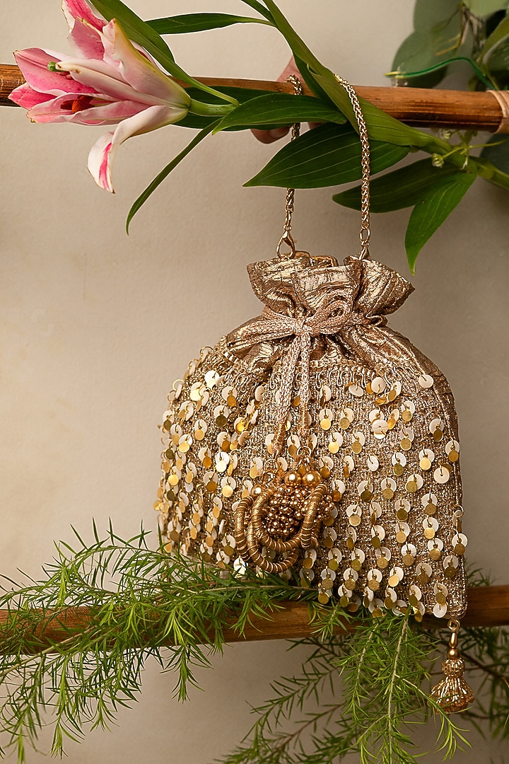 Copper Gota Fabric Mother Of Pearls Potli Bag by BHAVNA KUMAR at Pernia's Pop Up Shop