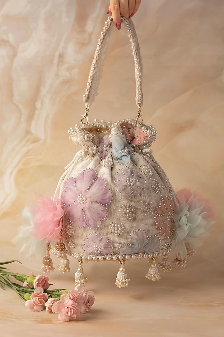 White Net & Velvet Beads Embroidered Potli Bag by BHAVNA KUMAR at Pernia's Pop Up Shop