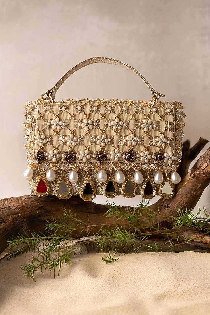 Gold Silk Mirror Embroidered Clutch Bag by BHAVNA KUMAR at Pernia's Pop Up Shop