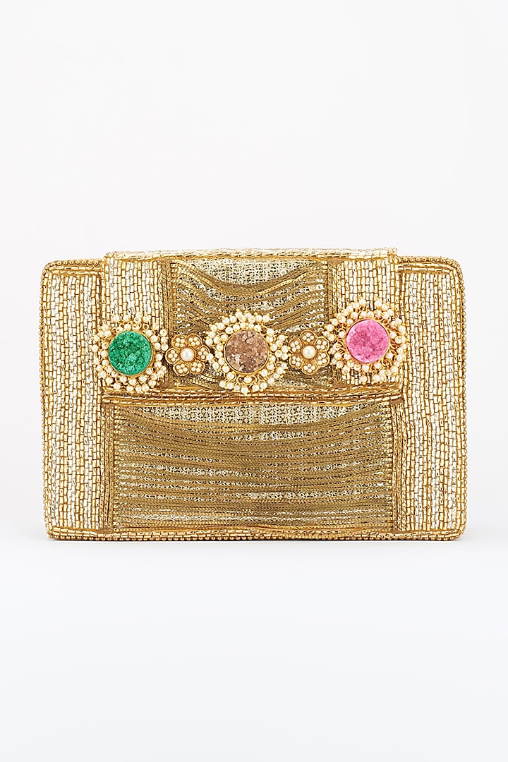 Golden Embroidered Box Clutch by BHAVNA KUMAR