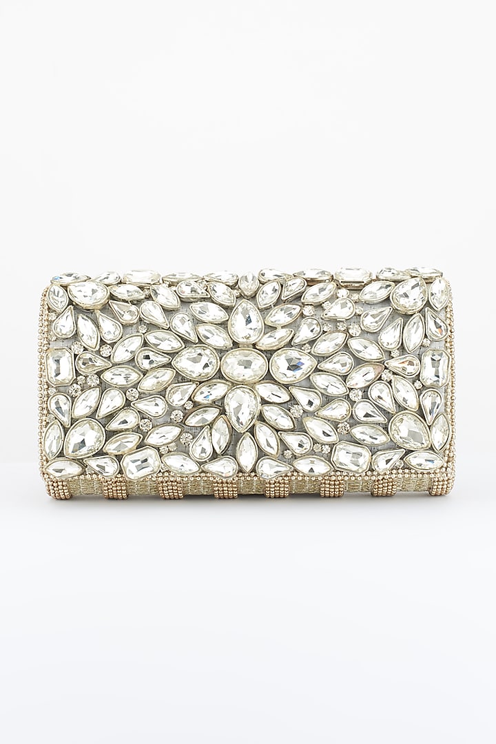 Silver Hand Embroidered Box Clutch by BHAVNA KUMAR