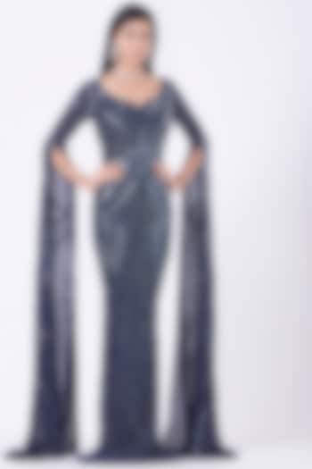 Dark Navy Blue Hand Embroidered Gown by Bhawna Rao at Pernia's Pop Up Shop
