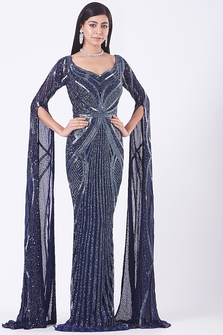 Dark Navy Blue Hand Embroidered Gown by Bhawna Rao at Pernia's Pop Up Shop