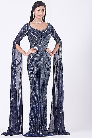 Dark Navy Blue Hand Embroidered Gown by Bhawna Rao
