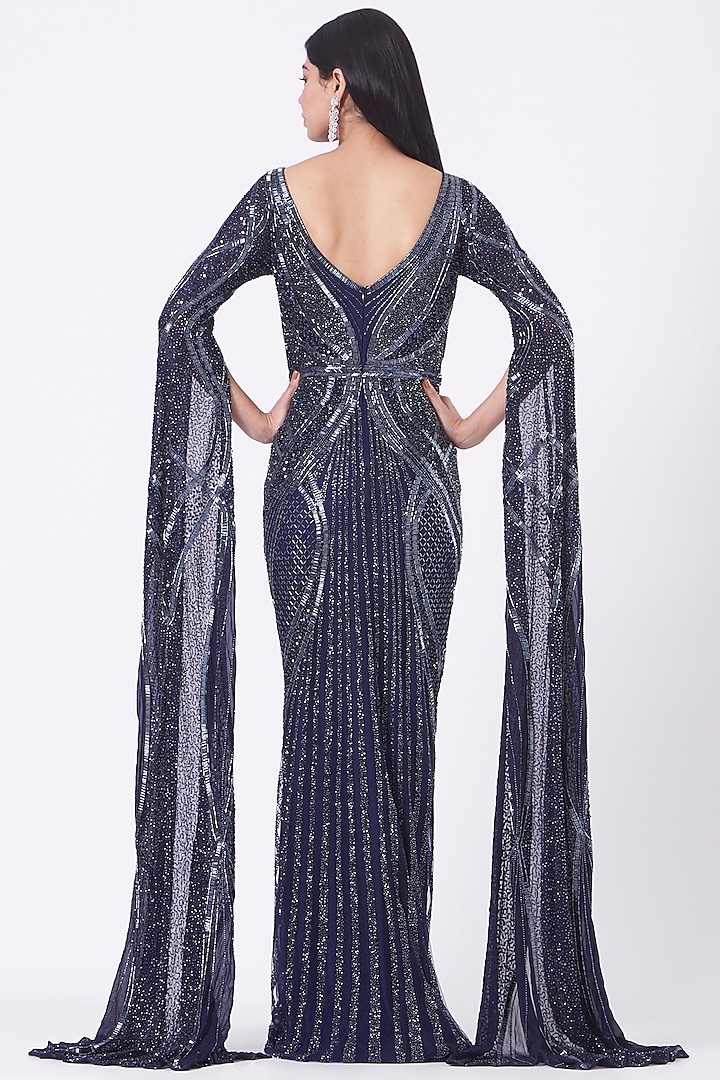 Dark Navy Blue Hand Embroidered Gown by Bhawna Rao at Pernia's Pop Up Shop