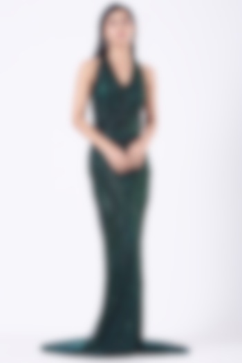 Emerald Green Hand Embroidered Gown by Bhawna Rao at Pernia's Pop Up Shop